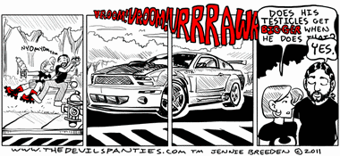 Originally it was the whine and pop of a street racing car heard outside our window. For aesthetics, I used a modern Mustang in the comic.